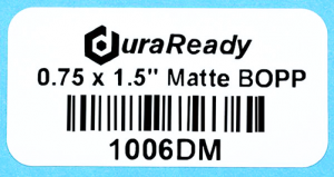 No-fade, 0.75 x 1.5" matte white BOPP label,  ideal for barcodes, classification, sku barcodes, product IDs, filing, and much more.