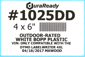Print custom vehicle auction labels with DuraReady's #1025DD, outdoor-rated 4 x 6" white BOPP labels.
