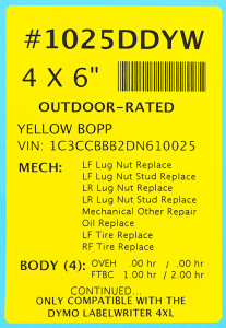 Custom, bright yellow vehicle auction and windshield labels with DuraReady's #1025DDYW, 4 x 6" outdoor-rated labels.