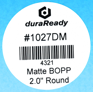 Durable, matte white 2" round BOPP label, useful for candle labels, barcode labels, VIN labels, jar labels, vape and dispensary labels.