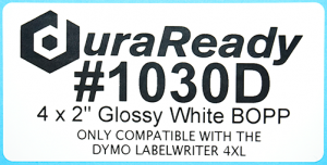 Durable, 4 x 2" matte white BOPP label, useful in replacing delicate paper labels to resist moisture, sunlight, UV, temperature and many other environmental hazards.