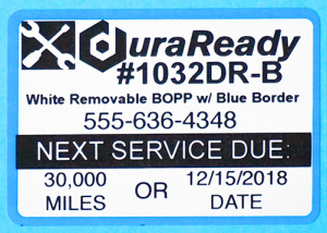 #1032DRX-B, extra capacity roll, removable Oil change and Service Reminder windshield Label with blue border