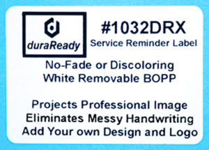 Extra large roll of removable, no-fade 1.75 x 2.5" white BOPP windshield label, typically used for service reminder labels, oil change labels, candle labels, vape and dispensary labels.