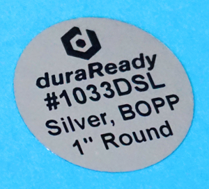 Mirror-like silver, in a small 1" round BOPP label, perfect for vial labels, lid labels, vape labels, dispensary labels, and warning labels.