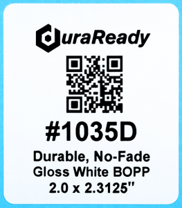 Tough, 2.0 x 2-5/16" Gloss White BOPP plastic label, ideal for merchandising labels, pricing labels for barcodes, product information, and dispensary and vape labels.