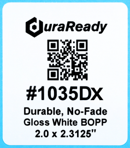 Extra large roll of tough, 2.0 x 2-5/16" Gloss White BOPP plastic label, ideal for merchandising labels, pricing labels for barcodes, product information, and dispensary and vape labels.