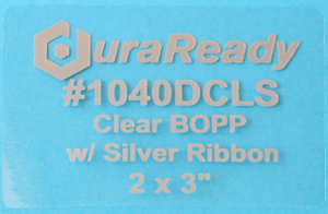 DuraReady's #1040DCLS, 2 x 3" clear BOPP label with silver print.