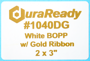 Unique, #1040DG white BOPP with gold print, 2 x 3" labels.