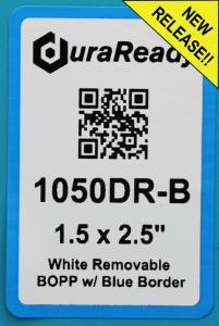 1050DR-B White 1.5 x 2.25" White Removable BOPP w Blue Border