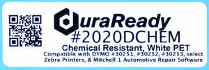 #2020DCHEM, 1.125 x 3.5" White Chemical Resistant PET DuraReady Label, 325 per roll, Labelwriter Compatible with Address Label #30251, #30252