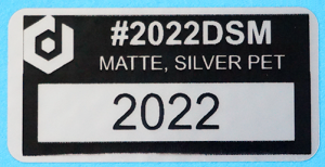 #2022DSM, matte silver 2 x 1" polyester labels for product identification, asset tagging, and UID labels.