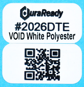 On-demand, genuine tamper-evident 2-up 0.5 x 1" VOID white polyester asset tagging labels.