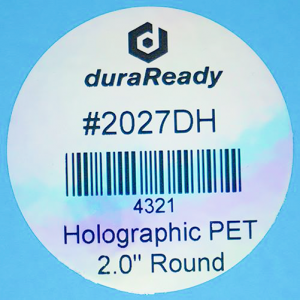 Unique, durable 2" round holographic polyester label, resistant to heat exposure, ideal for candle labels, practice management labels, diy event decor, and organization.